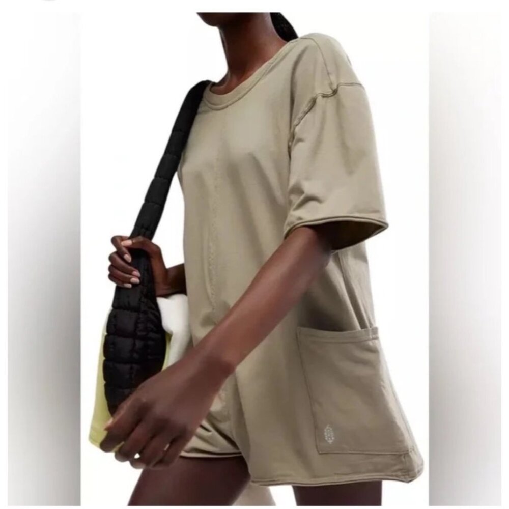 NWT FP Movement M Hot Shot Tee Romper Sage Stone Oversized Fit V-Neck Shorty